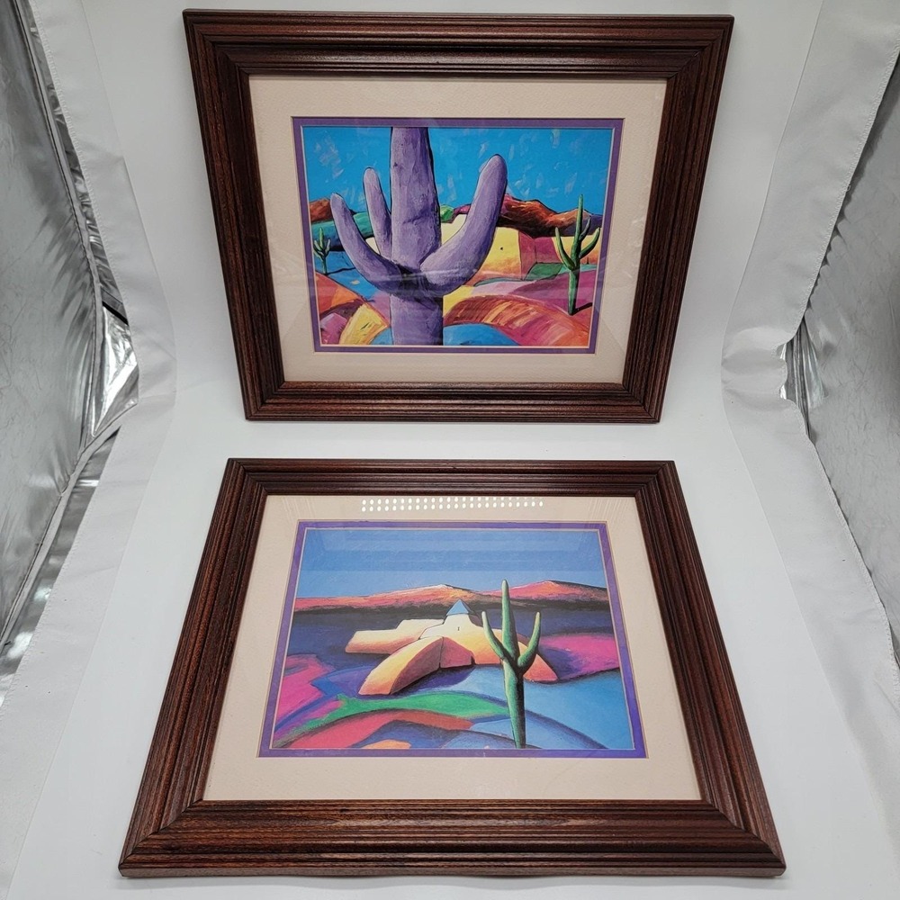 Downé Burns 14x12 Wood Framed Prints 2 Abstract Landscape Cactus Tucson Purple